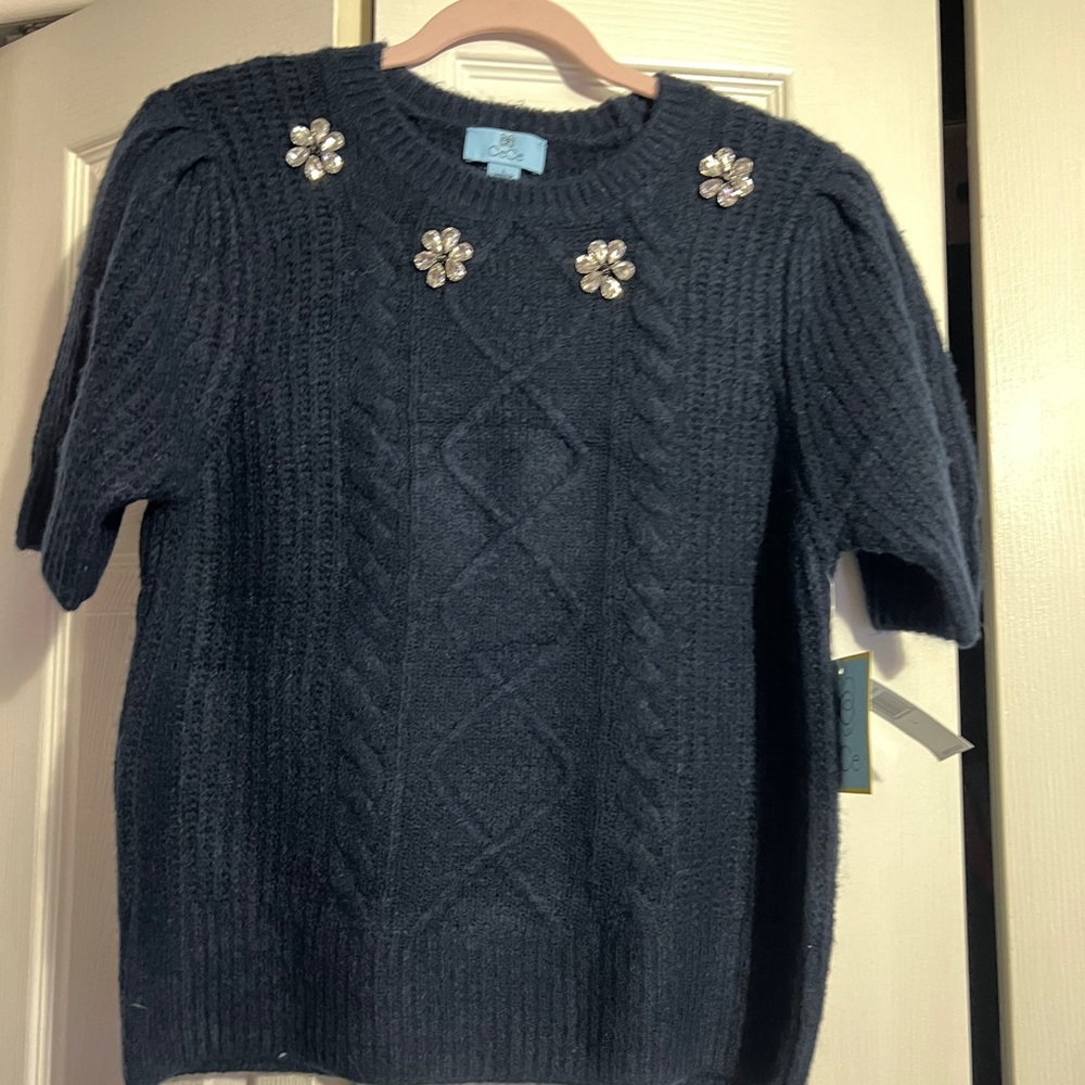 CeCe Dark Blue Sweater with Floral Embellishments